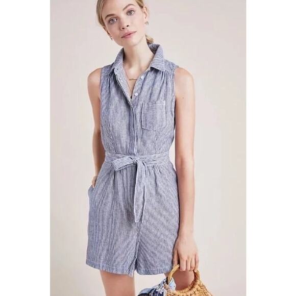 Anthropologie Collared Playsuit Linen & Cotton Blue & White Striped Romper - Picture 1 of 5